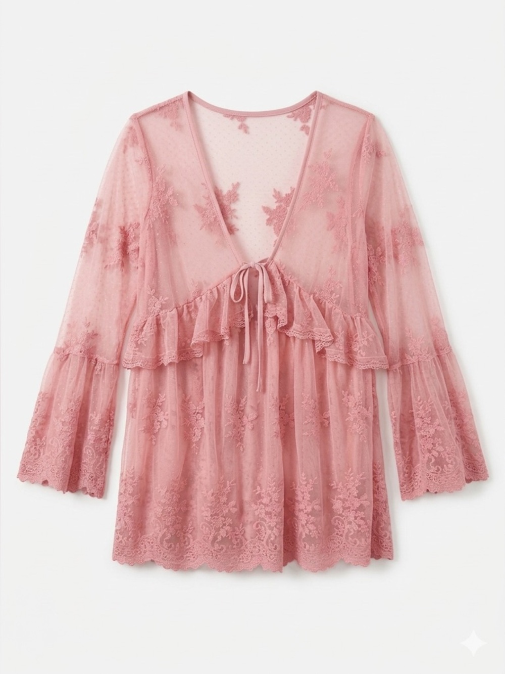 Sheer Pink Lace Babydoll Top Bell Sleeve Boho Blouse Medium - Picture 2 of 8